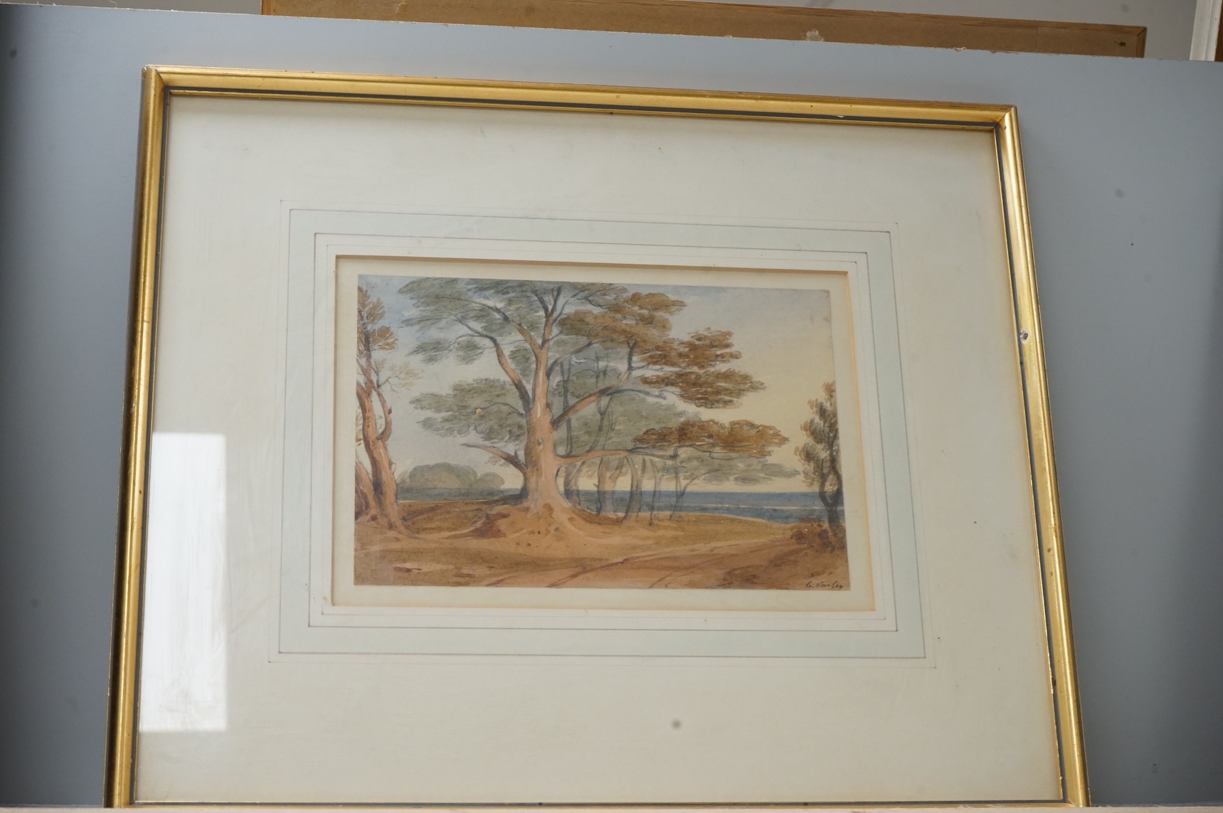 John Varley (1778-1842), watercolour, ‘Sunset’, signed in ink, together with another watercolour, signed G. Varley, 13 x 19cm